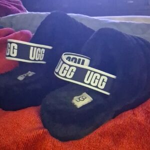 UGG Black Fluffy Slides with Logo Strap